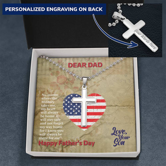 Father's Day Gift to Dad from a Military Son - Personalized Cross Necklace (with Engravings) and Touching Message Card
