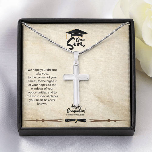 Graduation Gift to Son from Mom & Dad - Silver Cross Pendent Necklace with Meaningful Message Card